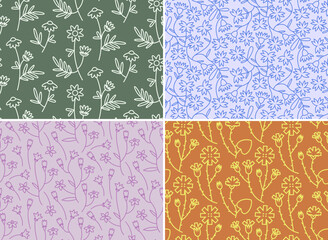 Set of seamless patterns with wildflowers. Beautiful nature textures in outline style.