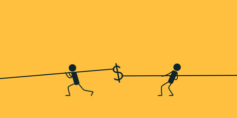 Tug of war. Fighting for money. Vector illustration on a yellow background.
