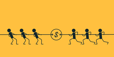 Tug of war. Fighting for money. Vector illustration on a yellow background.