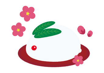 お盆に乗ったかわいい雪うさぎと梅の花のイラスト　2023年（令和5年）卯年の年賀状素材　日本の冬の風物詩　お正月素材