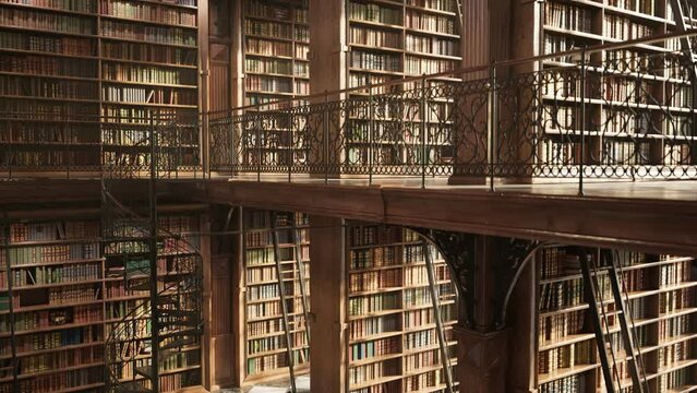 An old library full of beautiful wooden shelves stacked with vintage books. 4KHD