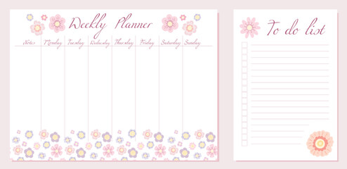 Vector set of tender child day organization templates with simple floral decorations. Weekly planner and to do list with cartoon ditsy pattern.