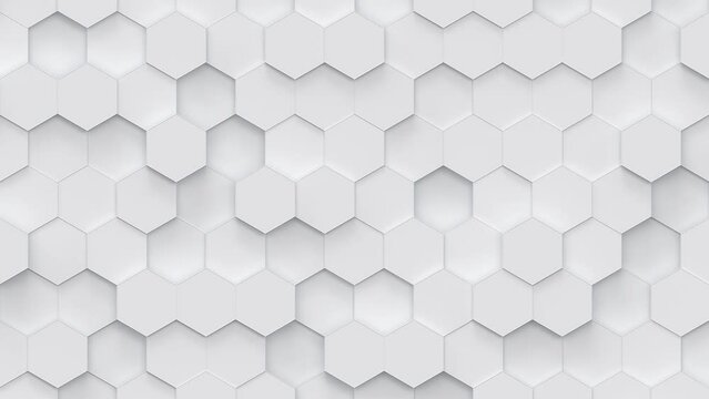 Abstract motion background from random moving white hexagons. Abstract honeycomb background. Lightweight, minimal, moving hex grid. Seamless loop animation