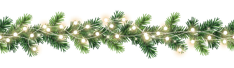 Seamless decorative christmas border with lights garland and coniferous branches isolated on transparent background - obrazy, fototapety, plakaty
