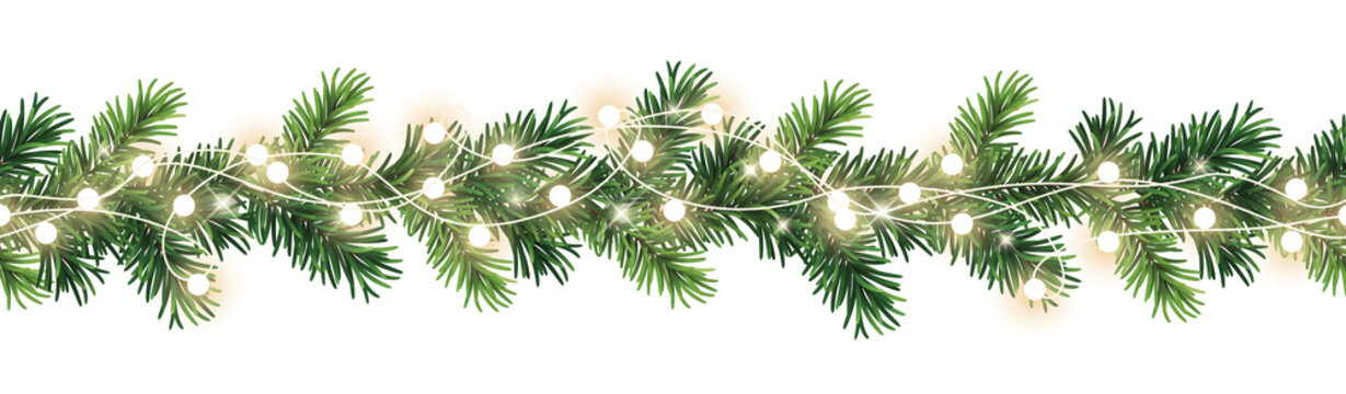 Seamless decorative christmas border with lights garland and coniferous branches isolated on transparent background