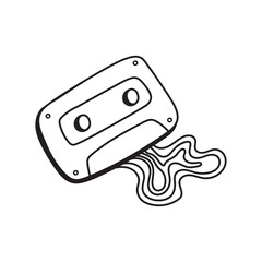 Retro hippie tape cassette hand drawn. Nice nostalgic vintage. Doodle style. Line art design element. Vector black and white illustration isolated on white background. Tattoo sketch.