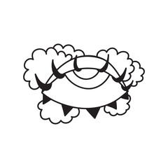 Retro hippie creepy eye hand drawn. Nice nostalgic vintage. Doodle style. Line art design element. Vector black and white illustration isolated on white background. Tattoo sketch.