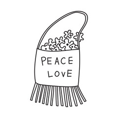 Retro hippie bag hand drawn. Nice nostalgic vintage. Doodle style. Line art design element. Vector black and white illustration isolated on white background. Tattoo sketch.