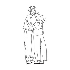 The concept of support in difficult moments of life. Women and men hug each other. Care of beloved and show of tenderness. Doodle style. Hand-drawn vector illustration. All elements are isolated.