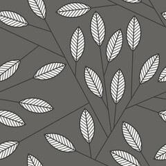 Monochrome leaves seamless pattern vector. Abstract linear branches floral backdrop illustration. Wallpaper, background, fabric, textile, print, wrapping paper or package design.