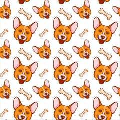 Cartoon pattern with the image of a dog's head of a red corgi on a white background with the addition of treats, bones. Vector illustration