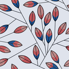 Colorful leaves seamless pattern vector. Abstract linear branches floral backdrop illustration. Wallpaper, background, fabric, textile, print, wrapping paper or package design.