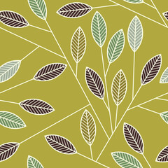 Contour leaves seamless pattern vector. Abstract line branches floral backdrop illustration. Wallpaper, background, fabric, textile, print, wrapping paper or package design.