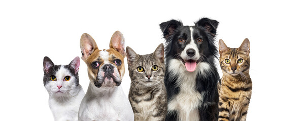 Group of cats and dogs looking at the camera isolated on white