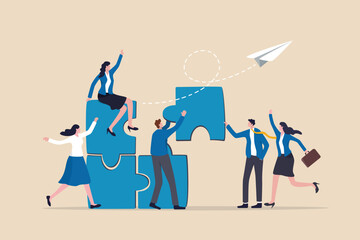 Employee engagement improve involvement or encourage employee success together, increase value and workplace motivation concept, happy business people, employees help complete jigsaw in their office.