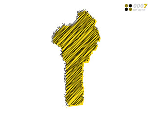 Vector silhouette chaotic hand drawn scribble yellow and black sketch of Benin map on white background.