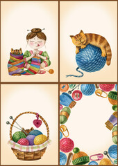 Watercolor illustration, set of four cards about knitting. 