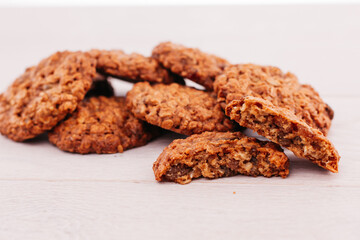 Oatmeal Raisin Cookie, healthy baking on a white wood desk white background. High quality photo