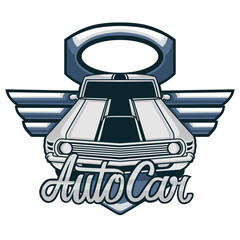 Logo for the old car community. With classic car main object and permanent font 