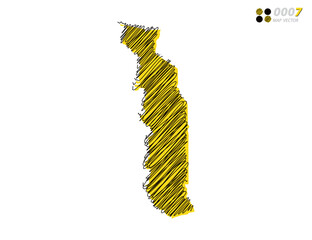 Vector silhouette chaotic hand drawn scribble yellow and black sketch of Togo map on white background.