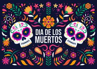 Dia de Los Muertos, Day of the Dead or Halloween greeting card, banner, invitation. Sugar tatoo skulls, marigold flowers, Catrina Calavera traditional mexico skeleton decoration Vector illustration.