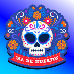 Dia de Los Muertos, Day of the Dead or Halloween greeting card, banner, invitation. Sugar tatoo skulls, marigold flowers, Catrina Calavera traditional mexico skeleton decoration Vector illustration.