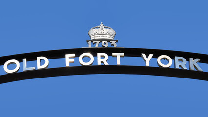 Metallic sign at the entrance of Fort York garrison in Toronto, Canada
