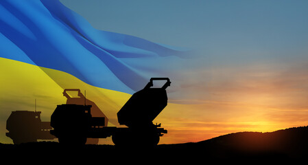 Fototapeta na wymiar Artillery rocket system are aimed to the sky at sunset with Ukrainian flag. Multiple launch rocket system. 3d-rendering.