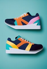 Hyper realistic illustration of a pair of creative colorful sneakers on a turquoise background