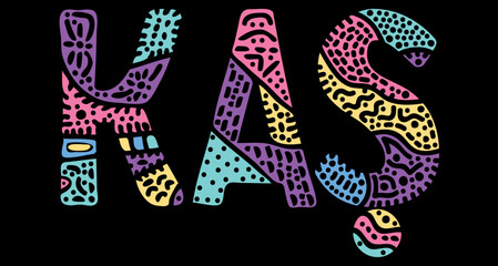 Kas Hashtag. Multicolored bright isolate curves doodle letters. Kas is place in Turkey. Text for print, booklet, banner, social network, web resources, mobile app. Stock vector