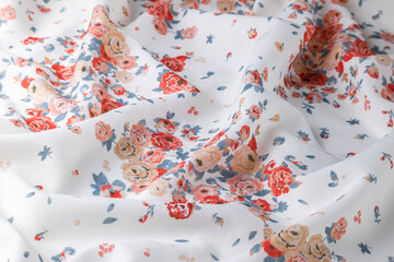 Fashionable floral cloth, ondulate modern textile close up view