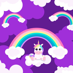Illustration with cute unicorn, rainbow and clouds. It can be used like postcard, poster, in typography