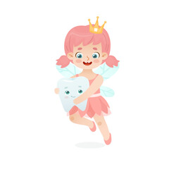 Cartoon tooth fairy baby girl. Cute flying tooth fairy holding tooth with face. Adorable dental mascot for kids.