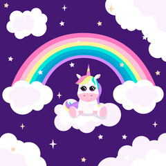 Illustration with cute unicorn, rainbow and clouds. on dark blue background with stars. It can be used like postcard, poster, in typography