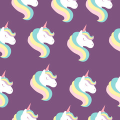 Seamless pattern with unicorn on violet background. Illustration can be used like print.