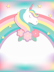 Illustration with cute unicorn, rainbow, stars and flowers on colored background. It can be used like card or invitation or in print and typography