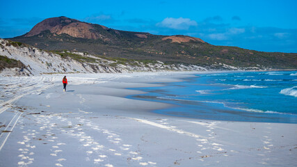 beautiful long-haired girl walks at sunset on the famous lucky bay beach in western australia;...