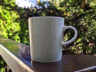 Obraz premium white cup along with coffee on the railing of the house and garden background.
