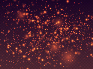 Fire sparks, magic sparkles, hellfire particles light effect. Shiny flying particles, cosmic dust with glowing flares isolated on a dark background. Vector illustration.