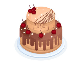 Cake with cherry. Dessert and delicacy, sweetness and sugar, bakery product. Poster or banner for website, sticker for social networks and instant messengers. Cartoon isometric vector illustration