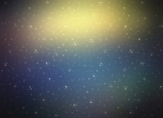 Fototapeta na wymiar Secret science night glow abstract background. Shiny polygonal network. Dark blue yellow holographic blur backdrop.