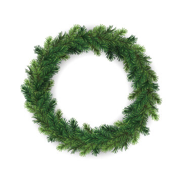 Christmas decorative round wreath frame with coniferous branches isolated on white background