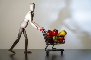 Small wooden mannequin pushing a mini supermarket cart with colorful peppers