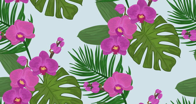Floral seamless pattern with pink and purple orchids and tropical green leaves jungle. Exotic vector illustration.