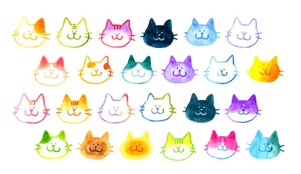 ゆるい・かわいい猫の顔のセット　手描き水彩イラスト素材集