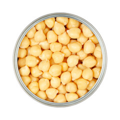 Chickpeas, in an opened can. Cooked and canned chick peas, high in protein, seeds of Cicer...