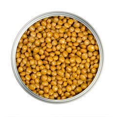 Lentils in an opened can. Cooked and canned small brown lentils, seeds of Lens culinaris, a legume and staple, used for thick curry, gravy or dal. Isolated, from above, close-up, macro food photo.