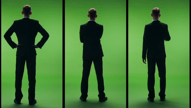 Business man in a strict business suit on a green screen. A set of three videos ready for chromakey. Financial template.