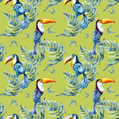 Toucan tropical bird and palm leaves watercolor seamless pattern isolated. © Ekaterina Lanbina