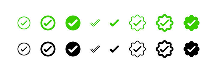 Green check mark. Tick icon. Outline symbol. Certificate approve. Vector sign.